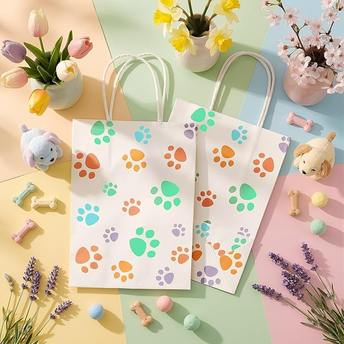 Blulu 20 Pcs Spring Puppy Dog Paw Gift Bags with Handles, Dog Paper Treat Goodie Bags for Animal Pet Party Favors, 6.3 x 3.1 x 8.6 Inch