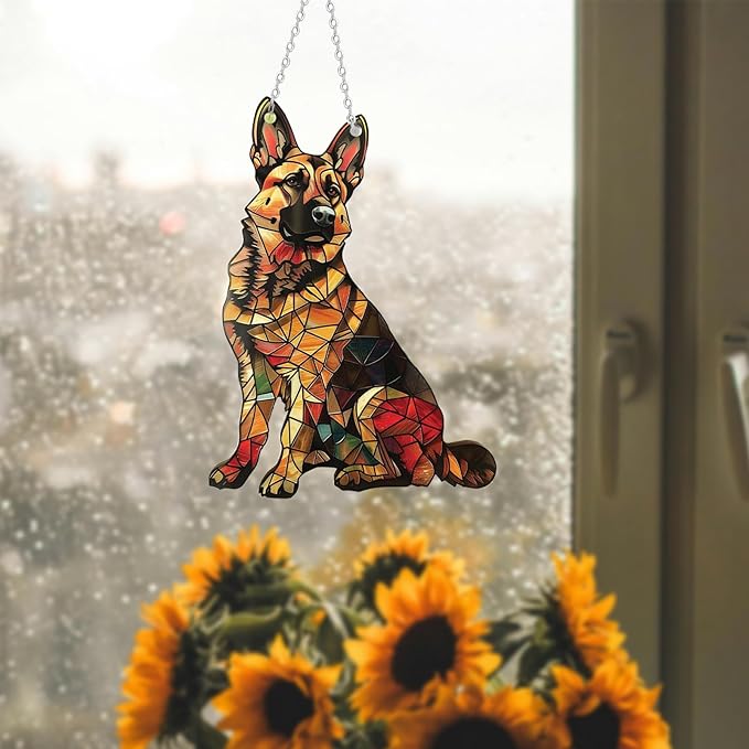 German Shepherd Window Hanging Decor Suncatcher Dog ，Stain Acrylic Window Ornament Animal Memorial Gifts Handcrafted Sun Catchers Decor for Indoor Outdoor Garden (German Shepherds)