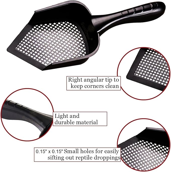 SunGrow Reptile Litter Scoop, Pointed Edge for Terrariums, Right-Angled Deep Shovel for Reptiles & Cats, Durable Plastic, Black, 1 Pack