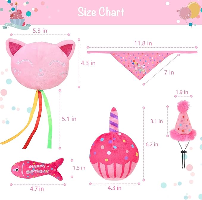 BINGPET Cat Birthday Catnip Toys for Indoor Cats, 5 Pcs Cat Birthday Gift Kitten Interactive Toys for Boy Girl Cats, Soft Plush Catmint Kitty Chew Kick Toy, Hat, Bandana, Balloon, Cake, Fish, Pink