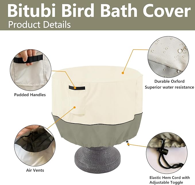 Bitubi Bird Bath Cover（24"x18"） 600D Oxford Cloth Garden Fountain Statue Protective Cover with Drawstring Waterproof Windproof Fountain Protector