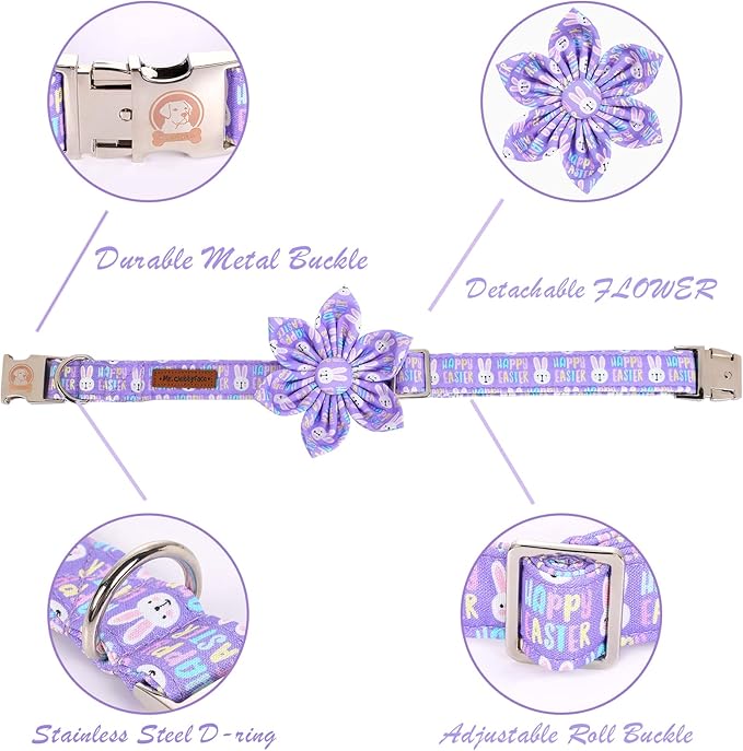 MR. CHUBBYFACE Easter Dog Collar, Purple Rabbit Pet Collar with Flower, Adjustable Puppy Collar Bowtie for Small Medium Large Dogs