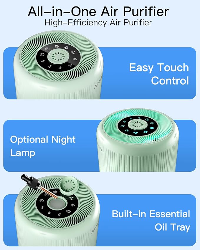 2 Pack Air Purifier for Home Bedroom with H13 True HEPA Filter for Smoke, Smokers, Dust, Odors, Pollen, Pet Dander | Quiet 99.9% Removal to 0.1 Microns | Green Available for California
