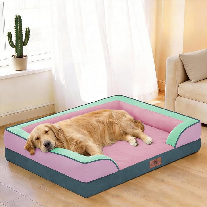 Comfort Expression Orthopedic Dog Bed for Extra Large Dogs 45x35 Inch, Waterproof Egg Crate Foam XL Pet Bed with Removable Bolsters, Dog Couch with Washable Cover & Non-Slip Bottom, Mint-Berry Dream