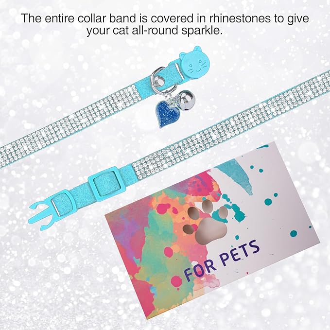 Rhinestone Cat Collar Breakaway with Bell, Diamond Cat Collar with Safety Buckle Quick Release for Girl Boy Small Kitten Pets Puppy,Cute Soft Female Male Cat Collars, Color Blue 8-12"