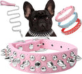 Spiked Dog Collar Soft Pu Leather Mushrooms Rivet Spike Studded Puppy Adjustable Pet Collars for Small Breeds (L, Pink Set)