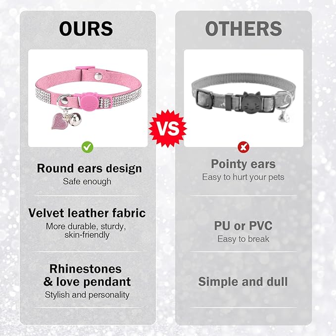 Rhinestone Cat Collar Breakaway with Bell, Diamond Cat Collar with Safety Buckle Quick Release for Girl Boy Kitten Pets Puppy,Cute Soft Female Male Cat Collars,Valentine's Day Pink 8-12"