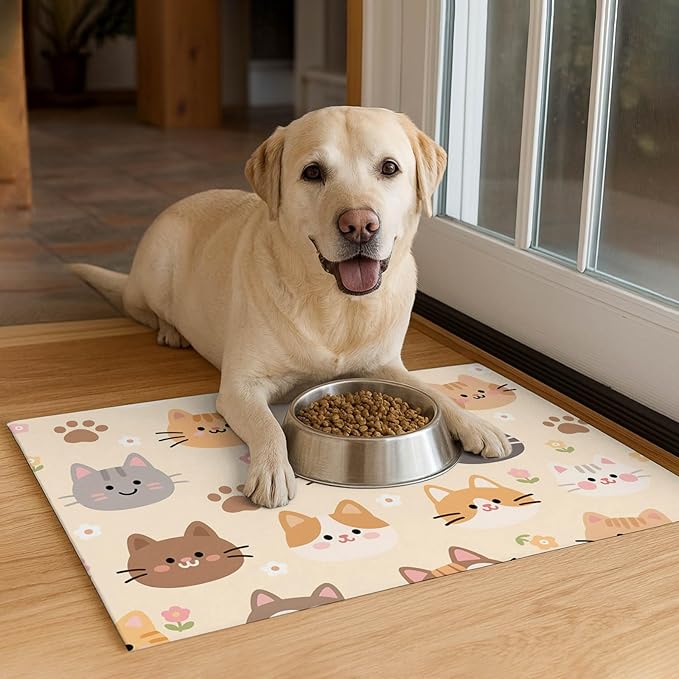 Cat Feeding Mat 24x16 inch Beige Kitten Print Pet Bowl Placemat Non Slip Floor Mat for Food and Water Indoor Kitty Feeding Station Cute Meal Pad for Small Pets Kitchen Use