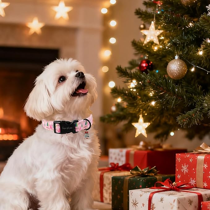 Unique Style Paws Christmas Dog Collar, Pink Dog Collar with Christmas Trees Pattern, Lightweight & Adjustable Pet Collar with Plastic Buckle for Small, Medium, Large Boy Girl Dogs