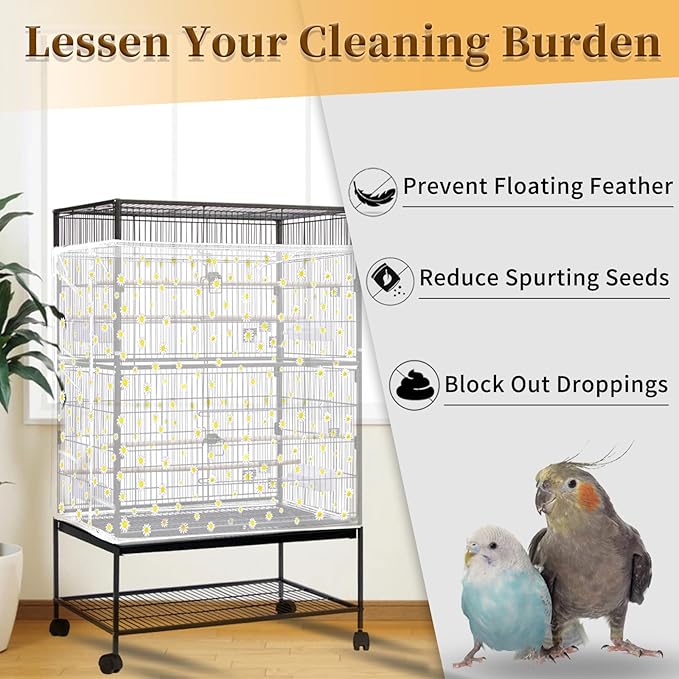 Daoeny Bird Cage Seed Catcher, Large Bird Cage Cover, Adjustable Soft Airy Nylon Mesh Net, Birdcage Cover Skirt Seed Guard for Parrot Parakeet Macaw African Round Square Cages (White, Daisy Design)