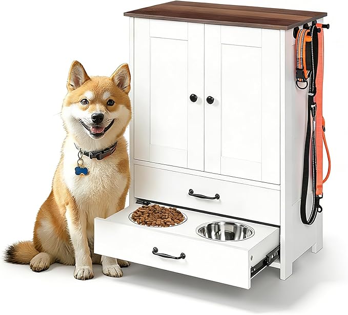 Dog Feeding Station with Storage Cabinet, 2 Adjustable Elevated Dog Bowls, Hidden Pull-Out Pet Feeder, Pet Food & Toy Organizer for Dogs & Cats