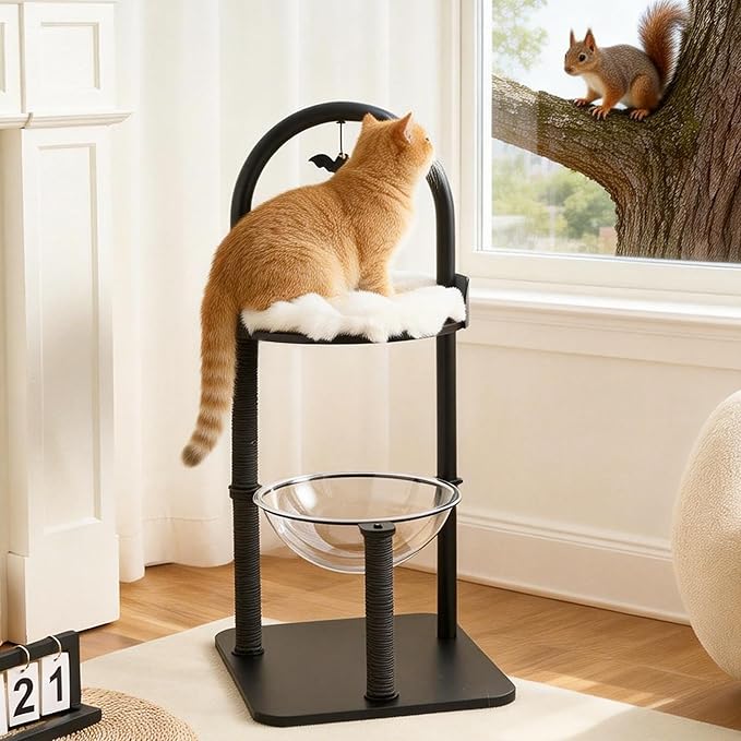 Modern Cat Tree Tower for Indoor Cats up to 12lbs, 34" H Furniture-Style Metal Cat Tower with Scratching Posts, Wood Cat Bed with Soft Plush Cushion Washable, Acrylic Capsule, Classic Black