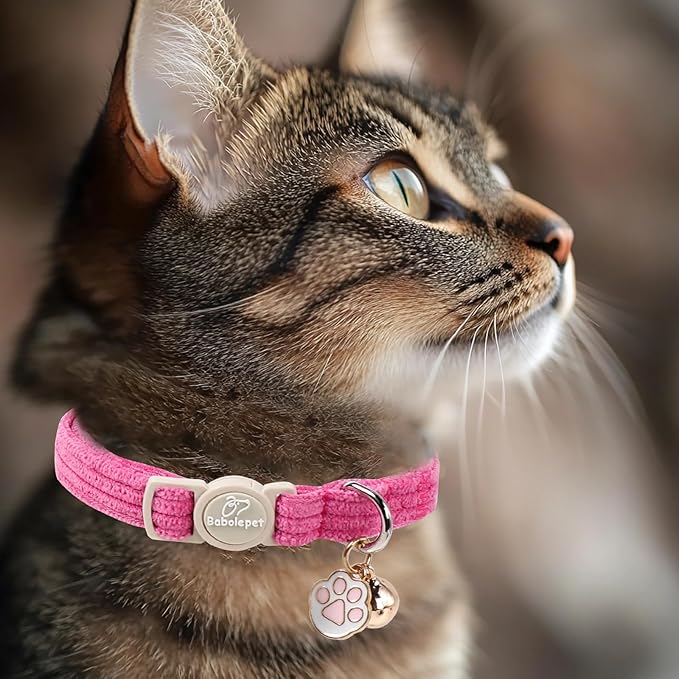 2 Pack Corduroy Cat Collars - Cute Breakaway Cat Collar with Bell and Paw Pendant, Soft Adjustable Fall Winter Kitten Collars for Girl Boy Cats, Pink&Deep Pink
