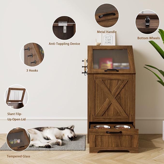 Dog Feeding Station with Storage Cabinet and 2 Elevated Dog Bowls, Hidden Pet Food Storage Organizer for Dog &Cat,Modern Dogs Furniture (Walnut)