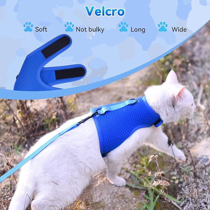 Cat Harness and Leash for Walking Escape Proof Breathable Mesh Fabric, Solid Blue, Large, Adjustable Cat Walking Jackets, Padded Stylish Cat Vest