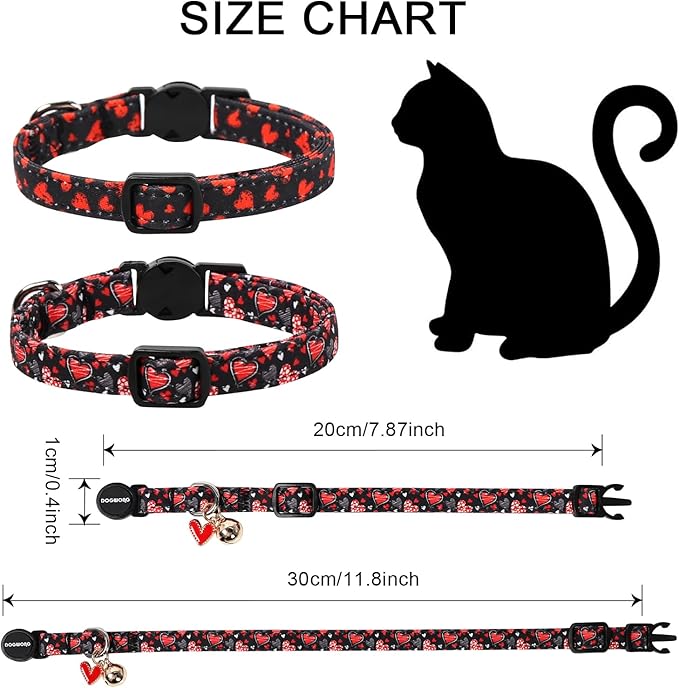 Cat Collar,2 Pack Cat Collars Breakaway with Bell, DOGWONG Safety Buckle Valentine's Day Cat Collar Cute Heart for Girl Boy Cats and Small Dogs，Adjustable 7-12 Inch,Pet Supplies Accessories