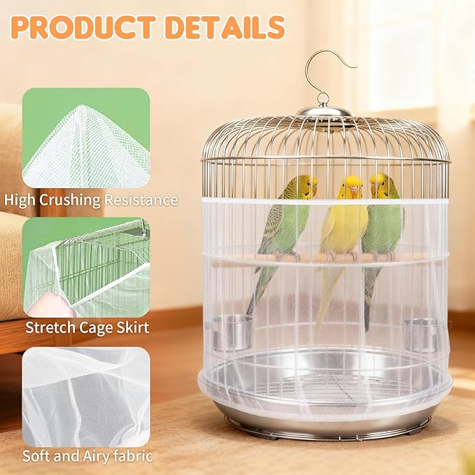 Bird Cage Cover, Circumference 40-68 inches Bird Cage Seed Catcher, White Bird Cage Net Cover, Adjustable Bird Cage Netting for Parrot Enclosures, Round Square Cages