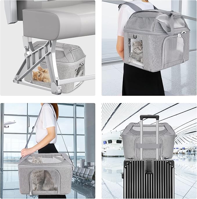 Large Cat Carrier Soft Side Pet Carrier for Kitten Puppy Collapsible Travel Small Dog Carrier Backpack TSA Airline Approved Pet Carriers for Under 20 lbs, Gray