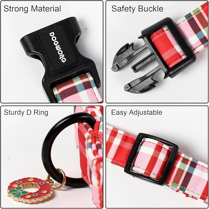 DOGWONG Christmas Dog Collar,Red Plaid Dog Collars, Adjustable Red Checkered Pet Collars Christmas Dog Collar for Small Medium Large Dogs