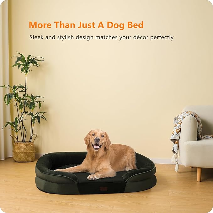 Dwanton Orthopedic Dog Bed for Large Dogs with Gel Memory Foam, Waterproof Dog Sofa, Washable Pet Bed with Four Sided Bolster Cushion, Removable Cover & Non-Slip Bottom, 42", Green