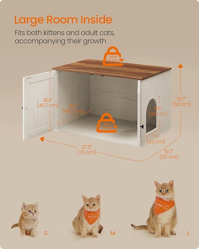 Feandrea Cat Litter Box Enclosure, Litter Box Furniture Hidden, Indoor Cat House, End Table, 27.6 x 19.7 x 19.7 Inches, Rustic White and Honey Brown UPCL022K02