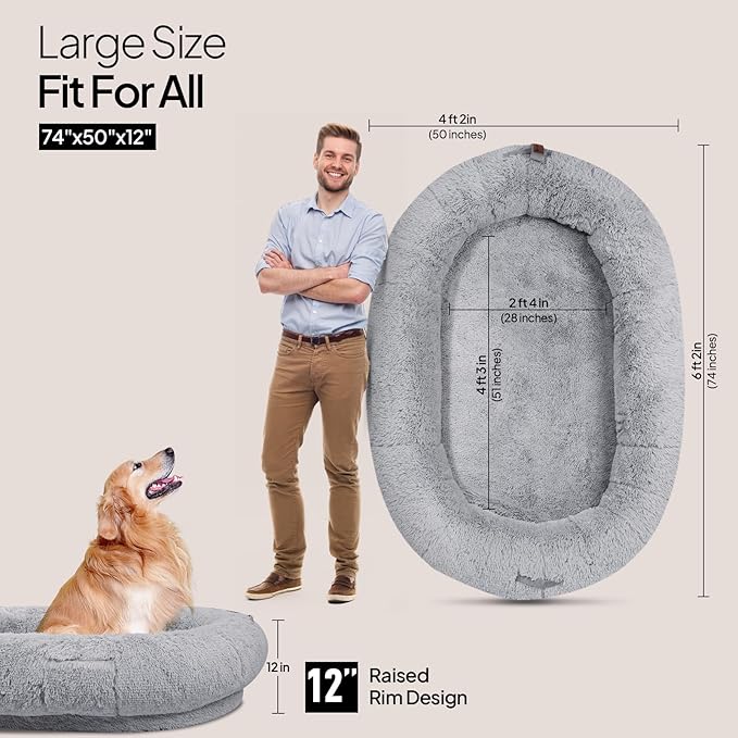 Giant Human Dog Bed for Adults and Pets, 74"x50"x12" Durable Memory Foam for Full-Body Comfort, Waterproof & Machine Washable Cover, Family Shared Lounger for Any Room, Grey