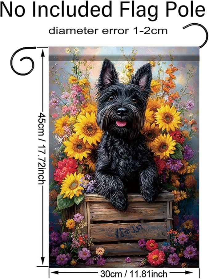 Garden Flag Black Terrier Dog with Sunflowers Floral Crate Yard Banner 12x18 Inch Double Sided Seasonal Spring Summer Outdoor Decoration for Porch Lawn Patio Outside House Dog Lover Gift