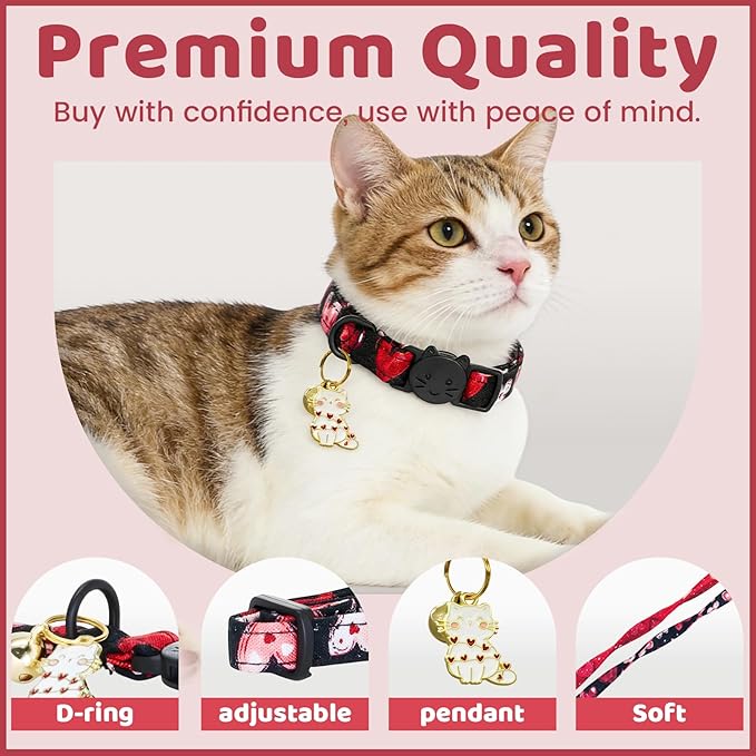 Valentine Cat Collar-2 Pack Collars Red and Black Heart Print Breakaway with Kitten and Bell Pendant Safety Buckle Adjustable Pet Collar for Cats Gift for Cats and Small Pets