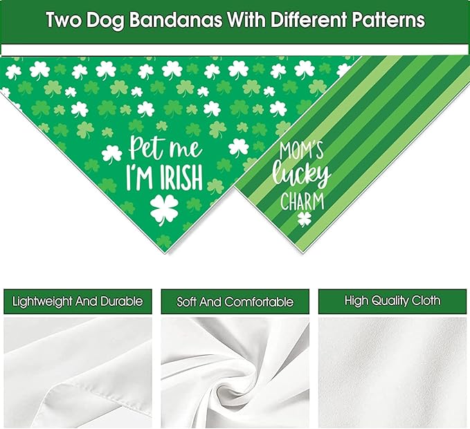St Patrick's Day Dog Bandanas - Lucky Shamrock Puppy Scarf - 2 Pcs Adjustable Triangle Double-Layer Reversible Pet Bandanas for Small Medium Large Dogs
