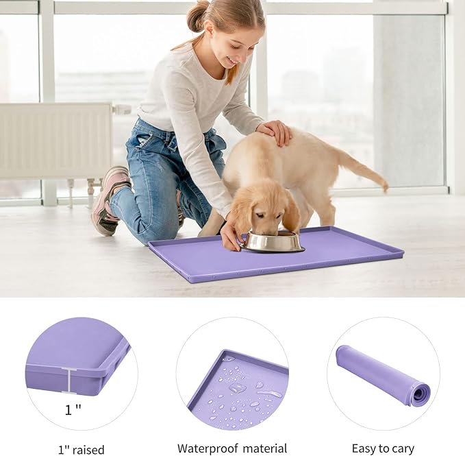 Dog Food Mat,Silicone Waterproof Food Tray,Non Slip Pet Bowl Mats Placemat,1" Raised Edge,Suitable for Most Small and Medium Sized Pets,32" x 24"