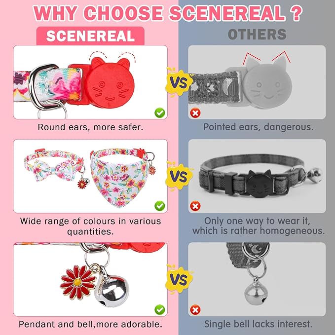 SCENEREAL Spring Cat Collar Breakaway with Bells, 2 Pack Cute Flower Pet Collar with Removable Bow Tie and Bandana, Adjustable Safety Buckle with Daisy Pendants for Girl Cats Kitten