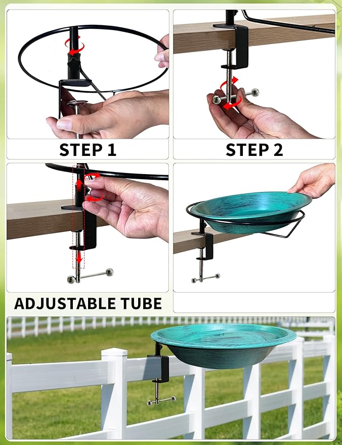 Deck Mounted Bird Bath for Outside, Detachable Birdbath Bowl with Sturdy Clamp, Easy Setup Outdoor Bird Feeder for Garden Patio Lawn Yard Decoration