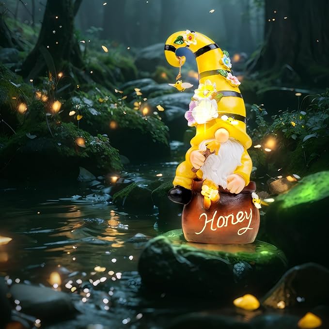 Birthday Gifts from Daughter Son - 13" Garden Solar Spring Gnomes Statues Outdoor Spring Decor with LED Lighted Bee and Flowers Funny Garden Sculpture for Patio Yard Lawn Decorations Gifts