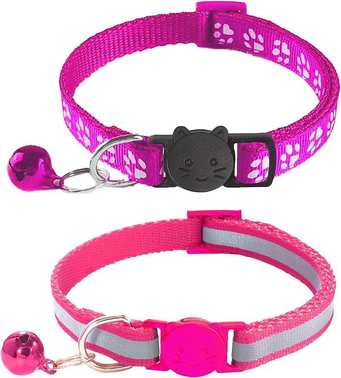 2 Pack Breakaway Cat Collars with Bells, Reflective Design and Claw Print Design, Safety Buckle Kitten Collars Adjustable from 7.5 to 12.5 Inches (Rose)