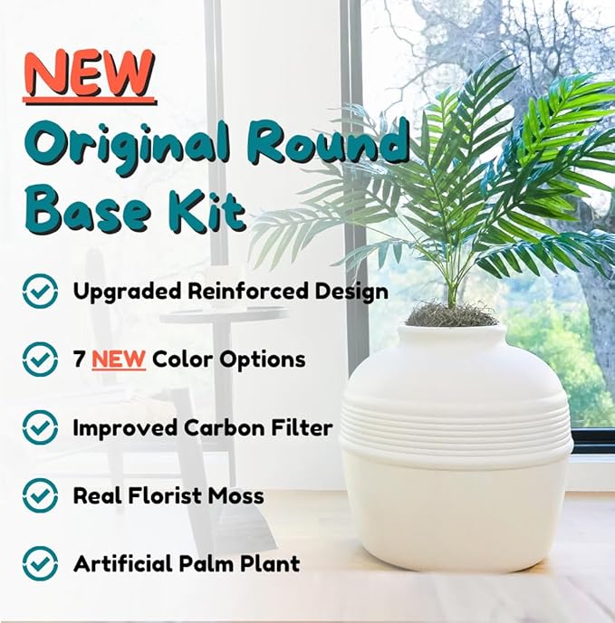 Good Pet Stuff Hidden Litter Box Planter, Decorative Cat Litter Enclosure with Carbon Filter, Artificial Plant, Easy Clean, Improved Design, Round Style, Base Kit, Classic White