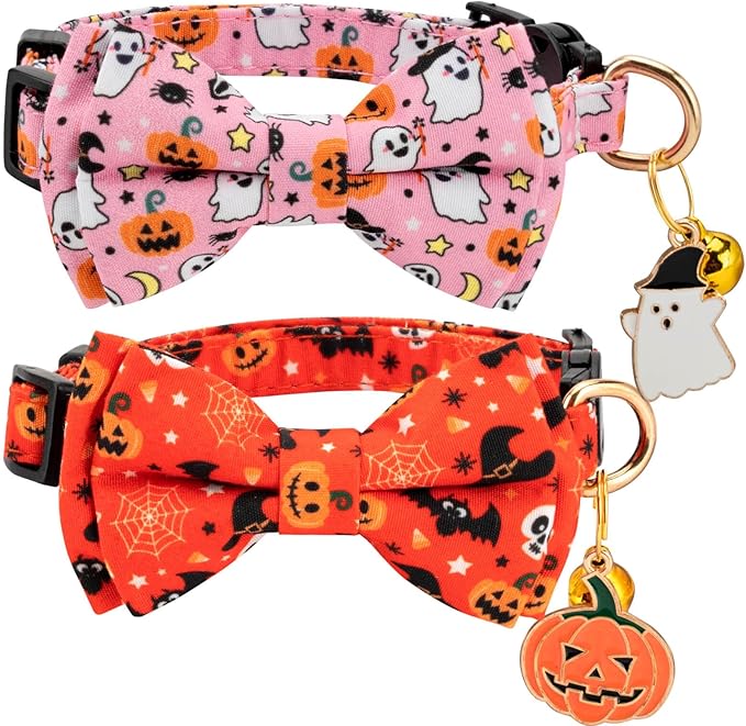 2 Pack Halloween Breakaway Cat Collar with Bow Tie and Bell for Boy Girl Cats,Cute Cotton Kitten Collar with Pink Ghost and Orange Pumpkin Pattern for Female Male Cats (Pink Ghost&Pumpkin)