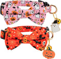 2 Pack Halloween Breakaway Cat Collar with Bow Tie and Bell for Boy Girl Cats,Cute Cotton Kitten Collar with Pink Ghost and Orange Pumpkin Pattern for Female Male Cats (Pink Ghost&Pumpkin)
