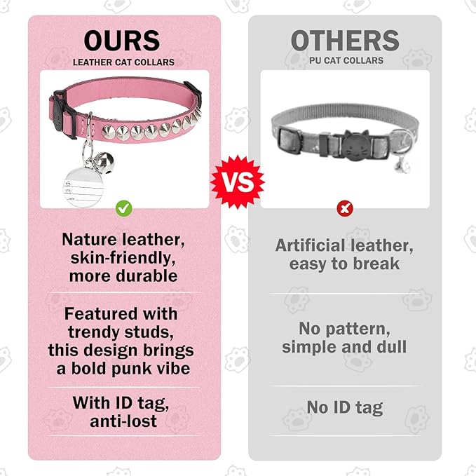 Leather Personalized Breakaway Cat Collar with Studded Bell and Safety Quick Release Buckle - Rivets Studded ID DIY Collars for Boy Girl Cats Kittens, 9" - 11.5" Pink