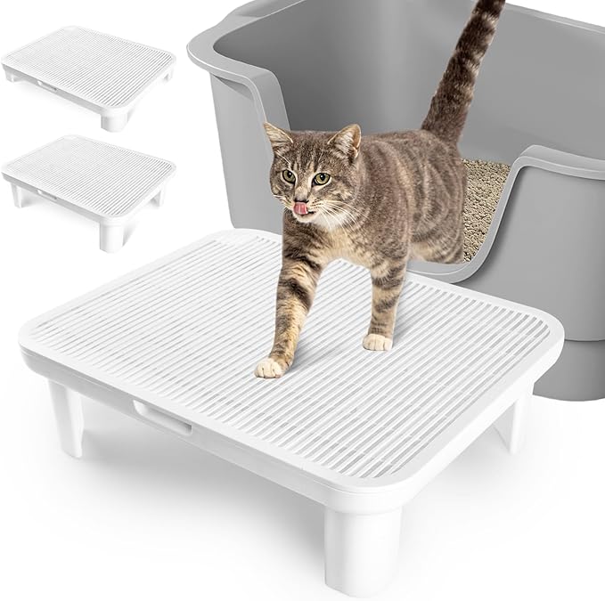 Adjustable Cat Step Ramp, Double Layer Litter Box Step with Filter Function, Replaceable Feet, Elevated Litter Box Ramp for Elderly Cats Easy Cleaning Cat Catcher for Floor Indoor (White)