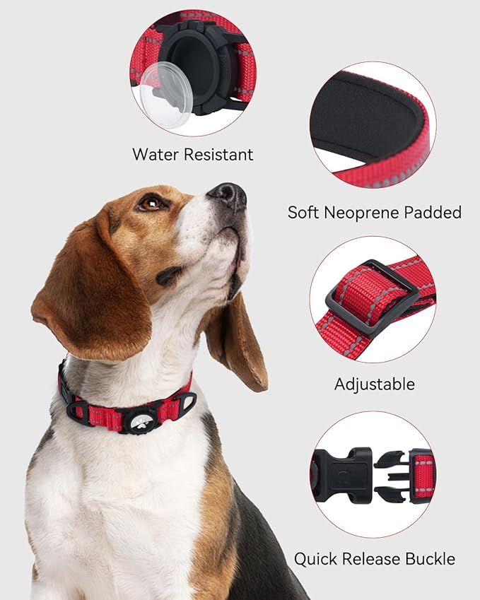 Joytale Airtag Dog Collar, Reflective Pet Collar with Waterproof AirTag Holder, Dual D-Rings, Soft Padded Adjustable for Small Dogs, Red, S
