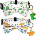 2 Pack Cotton Cat Collar with Bow Tie and Bell for Girl Boy Cats,Cute Pink Flamingo and Blue Whale Pattern Spring Summer Breakaway Cat Collar for Male Female Cats (Dinosaur)