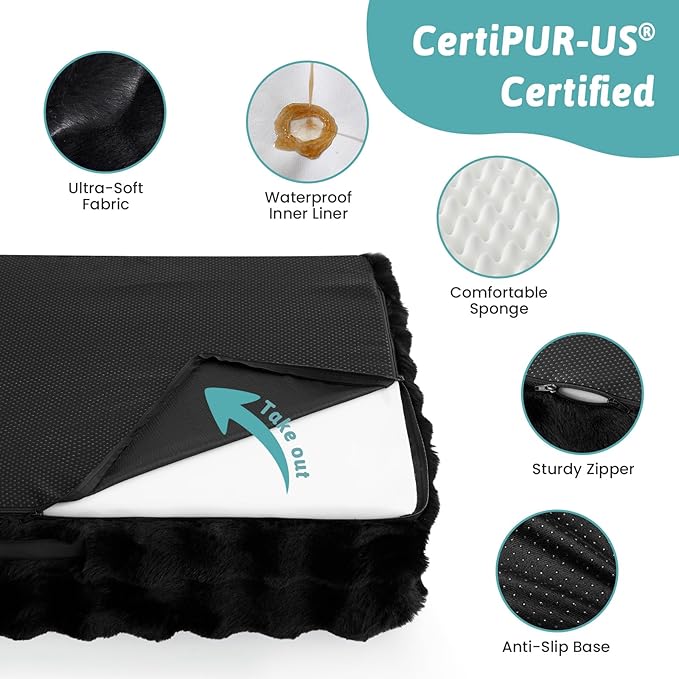 Faux Rabbit Fur Orthopedic Dog Bed, Dog Bed for Large Size, Supportive Foam Pet Sofa with Waterproof Lining Cover, Washable U-Shaped Pet Couch with Anti-Slip Bottom, Black L 36x27x6.5 inch