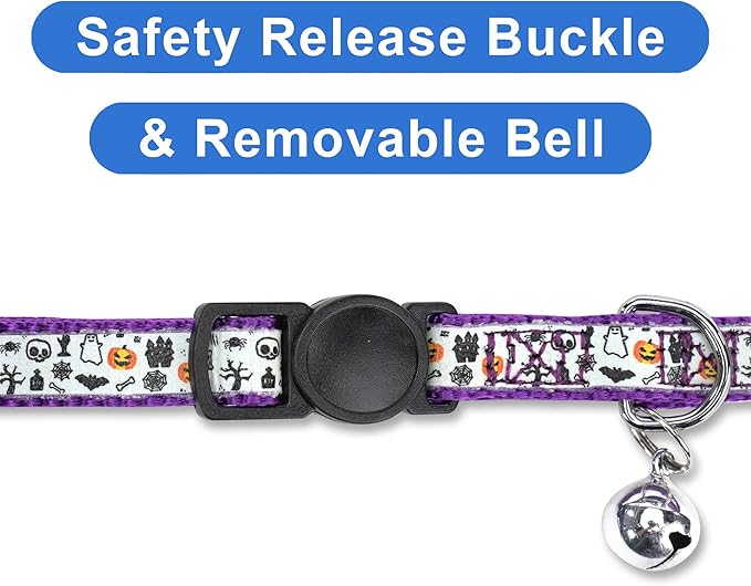 Pawtitas Glow in The Dark Cat Collar with Breakaway Safety Buckle & Bell Adjustable Kitten Collar, Halloween Purple