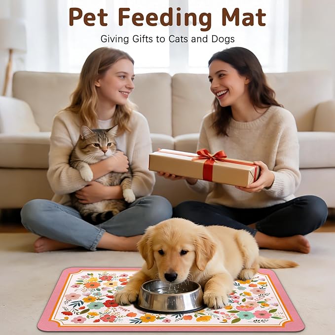 Dog Food Mat for Bowls, Absorbent Quick Dry Dog Cat Mats for Food and Water, Non-Slip Backing Pet Mat Pet Supplies - Pink Floral Pattern