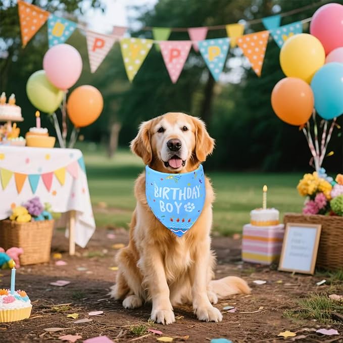 Dog Birthday Bandana Boy for Medium Large Dogs, Reversible 2 Patterns in 1, Blue Confetti Scarf, Happy Birthday Party Outfit Puppy Gift (14-18" Neck)