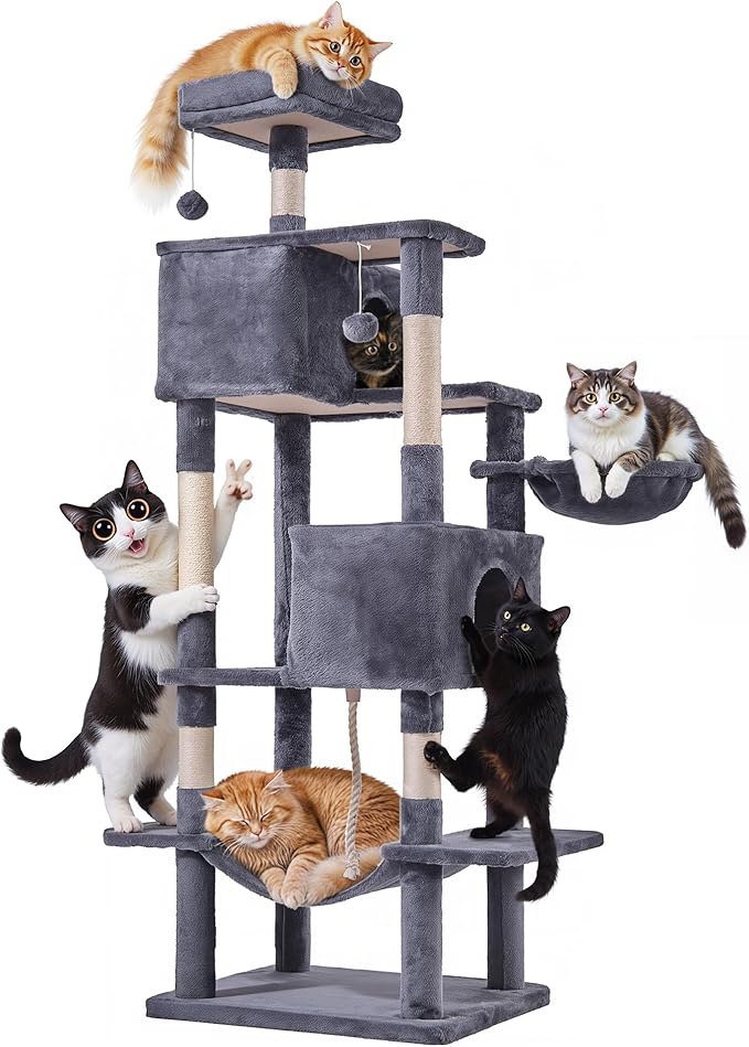 Cat Tree for Indoor Cats, 66 Inches Cat Tower with Scratching Post, Multi-Level Climbing Tree Cat House Padded Plush Perch, Cat Condo Activity Center with Pompoms, Kittens Pet Play House, Dark Gray