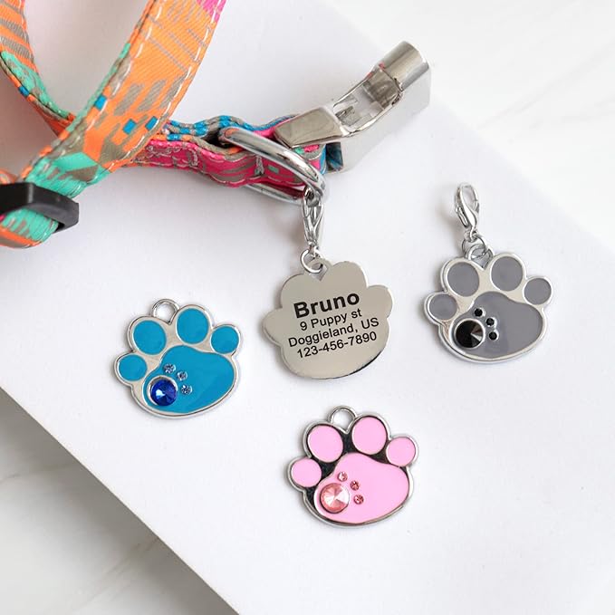 PAWNIMALS Paw Shape Dog ID Tag Stainless Steel Custom Laser Engraved, Cute Bling Glitter Pet Name Tags Personalized with Durable Engraving (Crystal Paws)