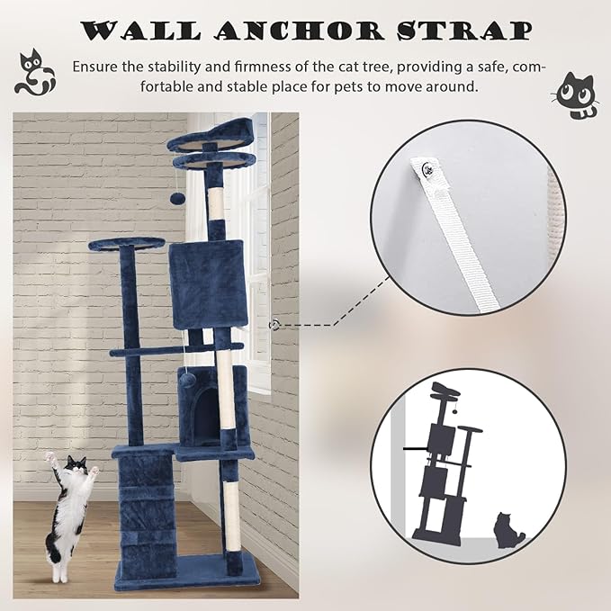 Heavy Duty Cat Tree Tower, 70" Tall Cat Tower for Indoor Cats with Cat Scratching Post with Bed, Cat Condo, Hanging Ball, Multi-Level Cat Climbing Tower Cat Trees Furniture Activity Center, Navy Blue