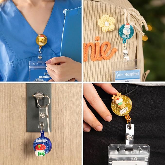 callie Personalized Christmas Badge Reel - Custom Name, Christmas Nurse ID Badge Holder Retractable with Alligator Clip, Cute Snowman Santa Elk Bell, Gifts for Nurse RN CNA Doctor