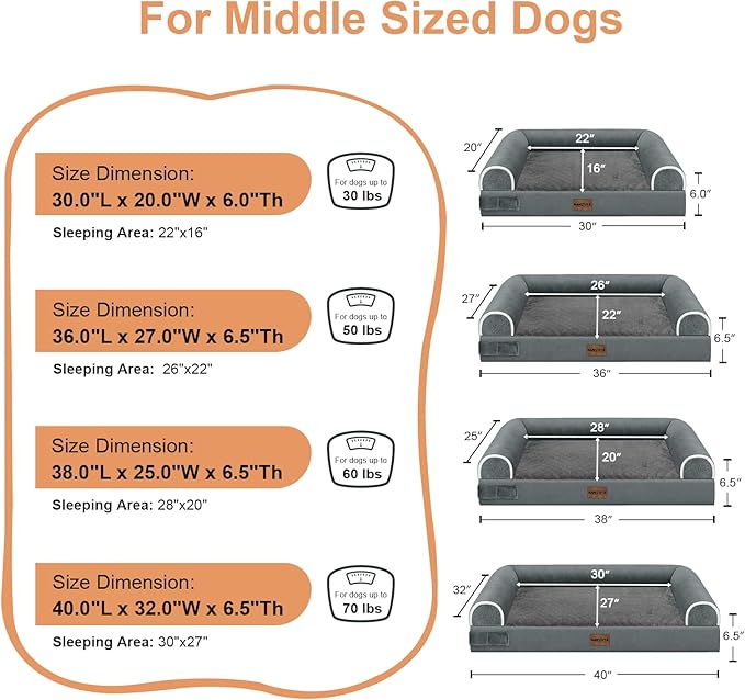Large Dog Bed Orthopedic Washable: Beds Bolster XL Bed Large Big Dogs Egg Crate Foam Couch Sofa Waterproof with Removable Cover - Dark Grey